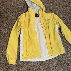 The North Face Yellow Ski Jacket with Hood and Water-Resistant Material